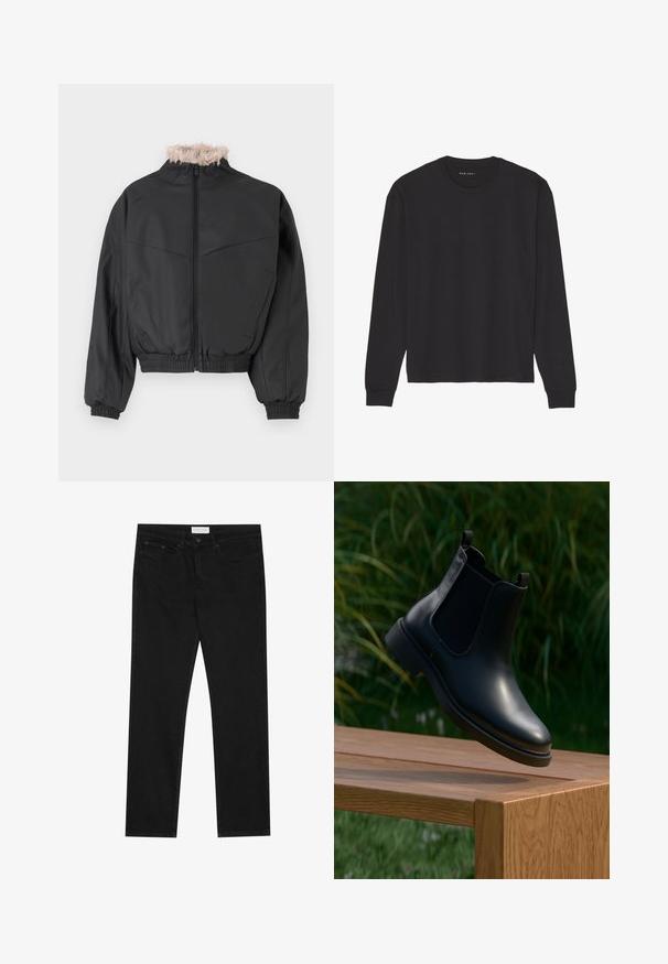 Jaqueta bomber preta com fecho em zíper e um colarinho de pelagem sintética leve. Apresenta punhos e barra elásticos, textura suave e design estruturado.; T-shirt preto de manga longa feito de algodão macio. Apresenta um decote redondo e punhos canelados, com um corte relaxado e sem padrões ou gráficos.; Jeans pretos de perna reta com design de cinco bolsos, fecho com botão e zíper, e uma etiqueta da marca Pier One na cintura.; Bota de tornozelo em couro preto com painéis laterais elásticos flutuando acima de um banco de madeira, ao fundo folhagem verde.