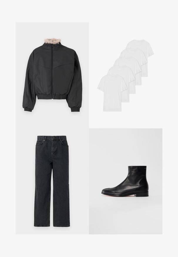 Μαύρο τζάκετ bomber με κλείσιμο φερμουάρ και ελαφριά συνθετική γούνα στον γιακά. Διαθέτει ελαστικές μανσέτες και κάτω μέρος, λεία υφή και δομημένο σχέδιο.; Έξι λευκά βαμβακερά μπλουζάκια κοντομάνικα με στρογγυλές λαιμόκοψεις, τοποθετημένα σε σειρά, με λεία υφή και χωρίς ορατά σχέδια.; Σκούρο μπλε τζιν παντελόνι με φαρδύ πόδι, σχέδιο πέντε τσεπών και κλείσιμο με κουμπί. Περιλαμβάνει χάλκινες λεπτομέρειες και διακριτή υφή.; Μαύρη λείαι δερμάτινη μποτάκι μέχρι τον αστράγαλο με χαμηλό τακούνι και στρογγυλή μύτη, παρουσιασμένο από το πλάι σε λευκό φόντο.