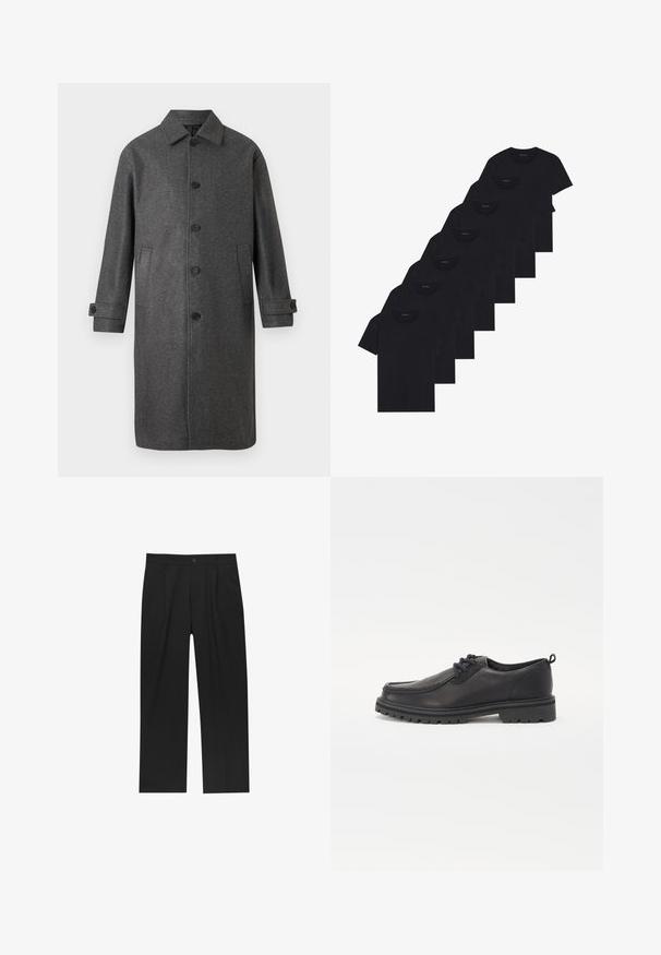 Gray wool blend coat with a straight cut, button front, two side pockets, and adjustable cuffs. Features a classic collar design.; Set of eight black cotton t-shirts with short sleeves and crew necks, featuring a plain design and a soft texture.; Black pants with a straight-leg design, made from a smooth fabric. Features front pleats and a single button closure at the waist.; Black leather lace-up shoes with a rounded toe, textured sole, and raised stitching along the edges. Plain design with no patterns or accents.