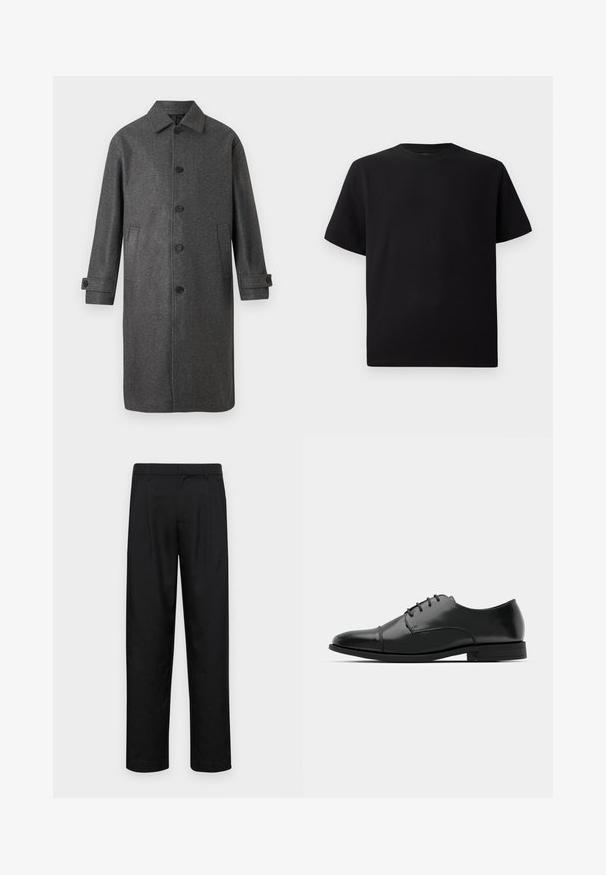 Grå uldblandingsfrakke med lige snit, knapfront, to sidelommer og justerbare manchetter. Har et klassisk kravedesign.; Sort kortærmet T-shirt lavet af tekstureret stof, med rund halsudskæring og en afslappet pasform. Enkel, uden mønstre eller accenter.; Sorte bukser lavet af glat stof, med et lige ben-design, to frontfolder og en standard talje med bæltestropper.; Sort læder dress-sko med rund tå, snørebåndsdesign, diskrete syninger og lav hæl. Glat tekstur med poleret finish.