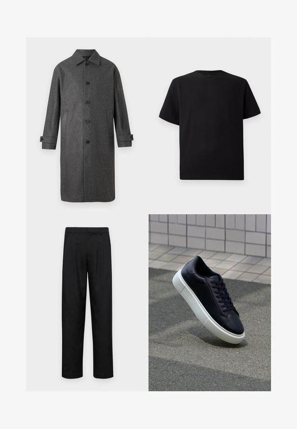 Casaco cinza em mistura de lã com corte reto, frente com botões, dois bolsos laterais e punhos ajustáveis. Apresenta um design de colarinho clássico.; T-shirt preta de mangas curtas feita de tecido texturizado, com decote redondo e um corte descontraído. Simples, sem padrões ou detalhes.; Calças pretas feitas de tecido suave, com um design de perna reta, dois pregas frontais e uma cintura padrão com passantes para cinto.; Sapatilha de couro preto com bico arredondado e sola de borracha branca. Apresenta atacadores planos e costuras mínimas na parte superior. Sola texturizada para melhor aderência.