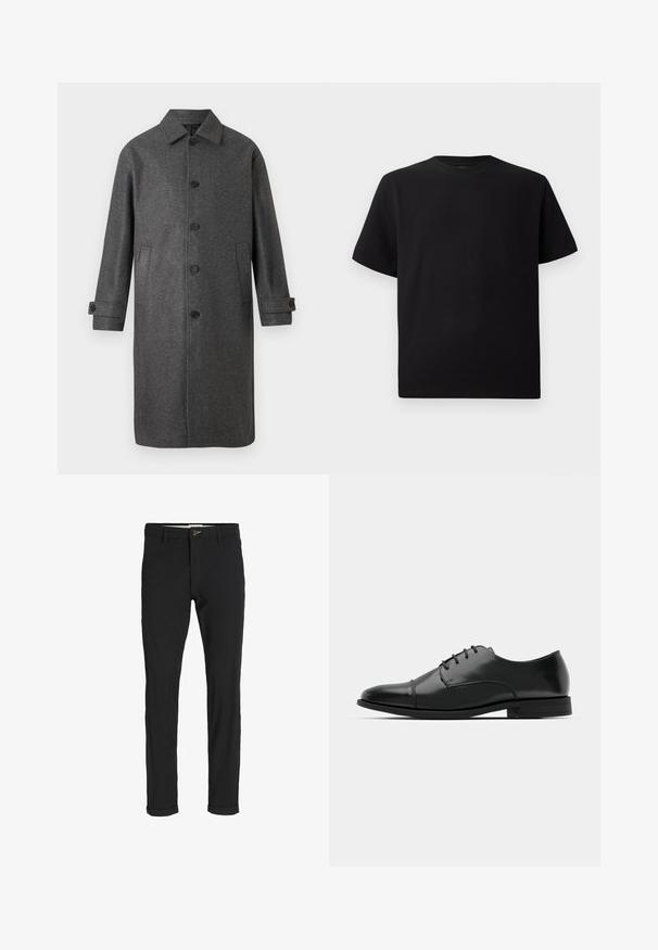 Cappotto grigio in misto lana con taglio dritto, chiusura a bottoni, due tasche laterali e polsini regolabili. Presenta un design con colletto classico.; T-shirt corto nero a maniche corte realizzato in tessuto testurizzato, con scollatura rotonda e vestibilità comoda. Semplice, senza motivi o dettagli.; Pantaloni neri in cotone misto con vestibilità slim, dotati di chiusura con bottone, tasche e orli arrotolati per un look informale.; Scarpa da uomo in pelle nera con punta rotonda, design con lacci, dettagli di cucitura discreti e tacco basso. Texture liscia con finitura lucida.