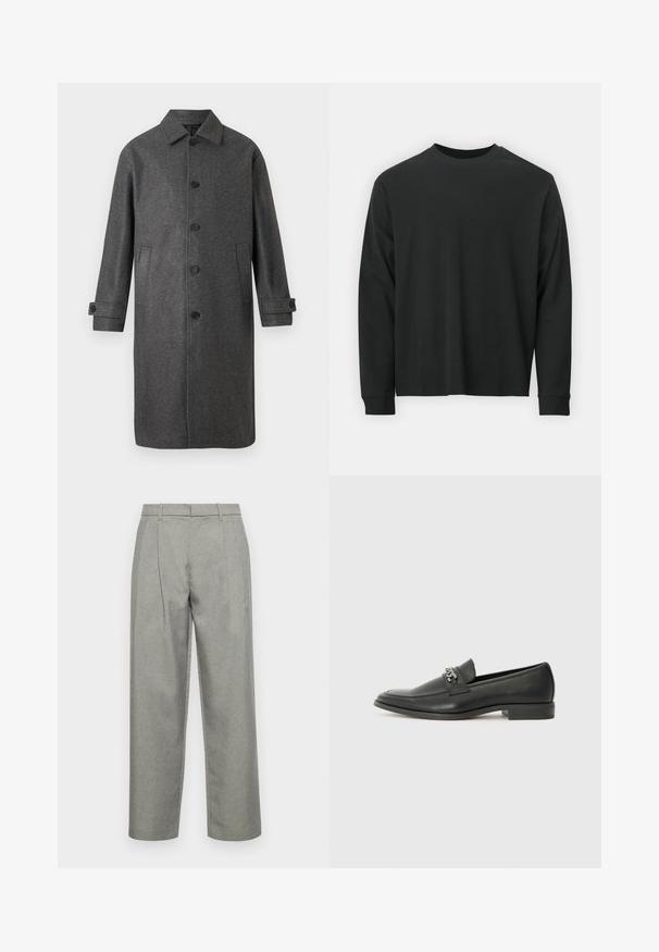 Grå ullblandingsfrakk med rett snitt, knappefront, to sidelommer og justerbare ermer. Har et klassisk kragedesign.; Langermet svart T-skjorte laget av bomull, med rund hals, løs passform og ribbestrikkede mansjetter. Glatt tekstur uten synlige mønstre.; Grå skreddersydde bukser laget av teksturert stoff, med rett benkonstruksjon, frontfold og standard midje med beltesløyfer.; Sorte skinnloafers med en glatt finish, og med en sydd design og en dekorativ metallkjedeakcent over foten. Flat hæl.