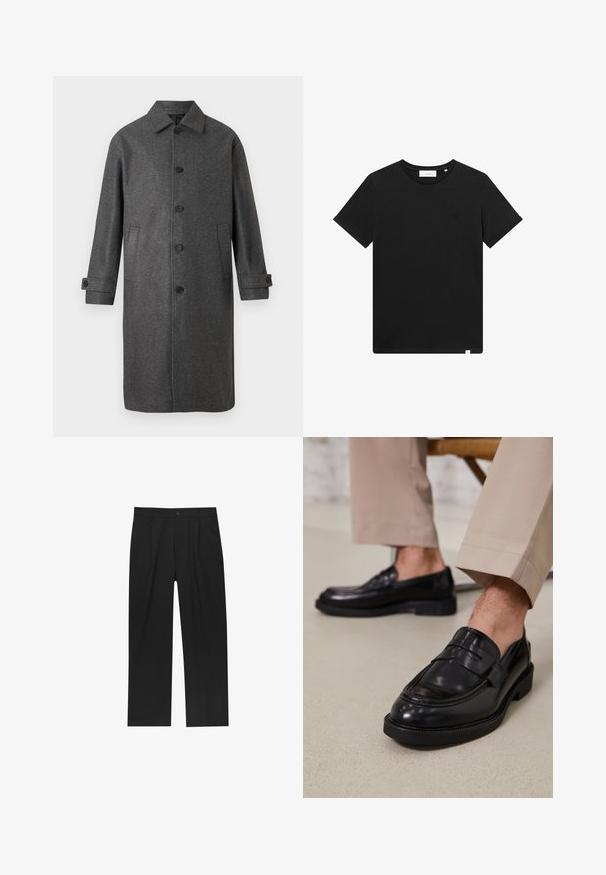 Gray wool blend coat with a straight cut, button front, two side pockets, and adjustable cuffs. Features a classic collar design.; Black short-sleeve T-shirt made of cotton, featuring a crew neck and a small logo embroidered on the chest. Smooth texture, standard fit.; Black pants with a straight-leg design, made from a smooth fabric. Features front pleats and a single button closure at the waist.; Black leather loafers with a smooth finish, featuring a decorative strap and contrast stitching, paired with beige trousers.