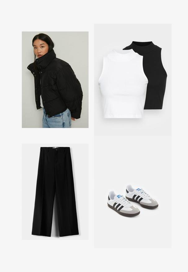 Sort dunjakke med høj krave, lynlås og trykknapper, der har quilted paneler og en cropped design.; To kjoleløse ribbede turtleneck-toppe i sort og hvid, med en tætsiddende design og glat tekstur, samt cropped længde.; Sorte brede bukser lavet af letvægtsstof, med frontknaplukning og glat front, samt pænt syede kanter.; Sportsko med en overdel i hvid læder, grå ruskind på tåen og tre sorte striber. Har et blåt logo på tungen og en struktureret gummisål.