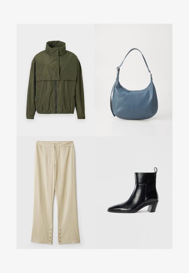 Jachetă de vânt verde măsliniu cu guler înalt, închidere frontală cu fermoar, manșete elastice și talie elastică, având un design stratificat și o textură netedă.; Top negru fără mâneci, cu gât rotund și spate cu un decupaj în formă de cheie. Prezintă pliseuri verticale pentru textură. Material fin cu un ușor luciu.; Pantaloni bej cu picioare late, dintr-un material texturat. Prezintă un talie plată și cinci nasturi la tiv pentru închidere. Design tutu.; Cizme negre din piele până la gleznă, cu vârful ascuțit, toc geometric patrulat și un manșon pentru tragere în spate. Textură netedă și design elegant.; Geantă de umăr din piele albastră, cu o formă rotunjită, bretea unică, închidere cu fermoar și numele brandului embosat pe față. Textură netedă.