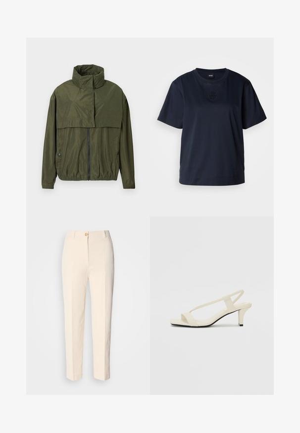 Jachetă de vânt verde măsliniu cu guler înalt, închidere frontală cu fermoar, manșete elastice și talie elastică, având un design stratificat și o textură netedă.; Tricou de culoare bleumarin cu maneca scurtă, realizat din bumbac moale. Previne o gât rotund și are un logo brodat subtil pe piept.; Pantaloni crem, cu talie înaltă, dintr-un material texturat. Au închidere cu nasture în față și picioare conice.; Sandale bej cu toc bloc, cu bretele subțiri și vârf pătrat. Material neted cu detalii minime, concepute pentru a fi ușor de purtat.