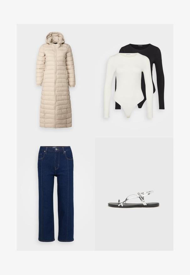 Lang, beige polstret frakke med hætte, lodret quiltet design, fuld lynlås foran og elastiske manchetter. Har en ankel-længde.; To lange ærmeløse bodystockings i hvid og sort. Fremstillet af glat stof, med runde halsudskæringer og en tanga-bund for en strømlinet pasform.; Mørkeblå lige ben jeans med knaplukning, for- og baglommer samt synlig orange syning langs sømmene.; Sølvmetallic sandaler med et minimalistisk design, der har tynde stropper og en sort flad sål. Derudover er der korsstrop-accenter.