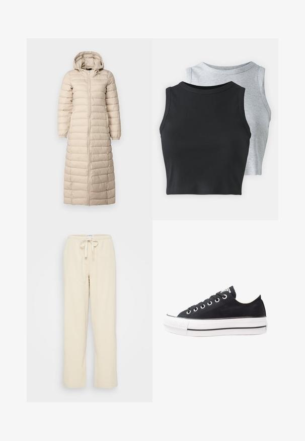 Lang, beige polstret frakke med hætte, lodret quiltet design, fuld lynlås foran og elastiske manchetter. Har en ankel-længde.; Even&Odd Petite 2 PACK - Top - light grey/black; Even&Odd Petite Bukser - beige; Sort lærreds sneaker med hvid gummisål, rund tå, lavtop design, metaløjer og en struktureret tåhætte. Tynd sort stribe langs sålen.