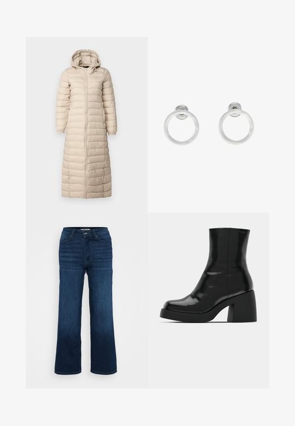 Lang, beige polstret frakke med hætte, lodret quiltet design, fuld lynlås foran og elastiske manchetter. Har en ankel-længde.; Even&Odd Petite 2 PACK - Top - light grey/black; ONLY Petite ONLMADISON BLUSH WIDE - Wide leg - dark blue denim; Sorte ankelstøvler med en blank finish, firkantet tå og en tyk blokhæl. Designet har en strømlinet silhuet og minimal branding.; Sølvmetalløreringe med en børstet tekstur, der har et cirkulært design og en klar post til sikker bæring.