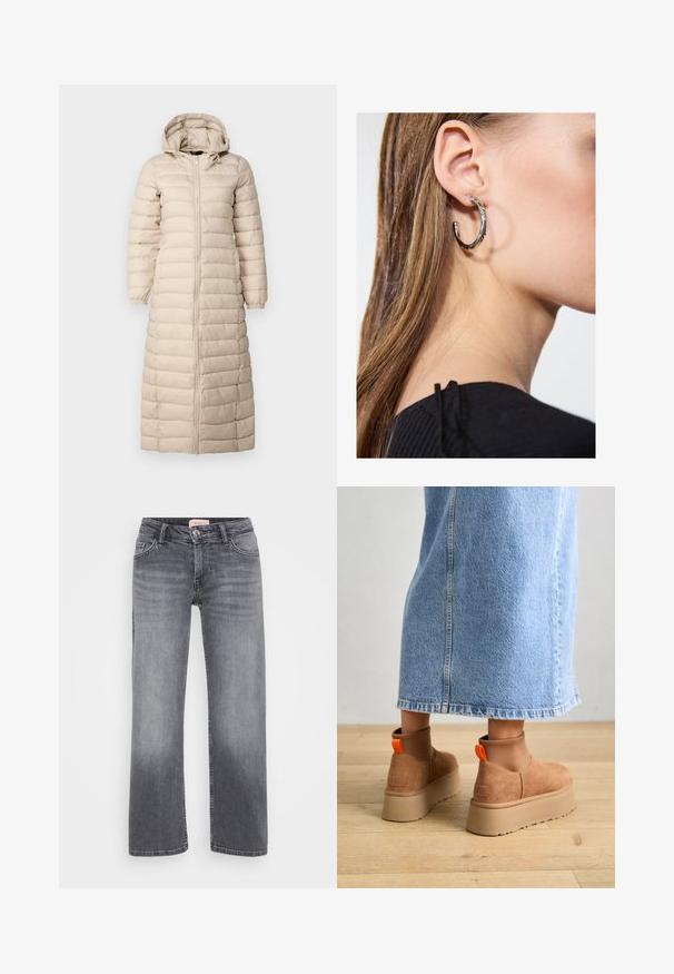 Lang, beige polstret frakke med hætte, lodret quiltet design, fuld lynlås foran og elastiske manchetter. Har en ankel-længde.; Even&Odd Petite 2 PACK - Top - light grey/black; Grå denim jeans med lige bendesign, fem-lommestil, subtil fading og trykknaplukning i taljen.; Brune ruskinds platform støvler med elastiske sidepaneler og orange trækstropper, parret med en knælang lys denimnederdel på et trægulv.; Sølv hoop ørestik med en poleret overflade, prydet med små guld accenter og en rund form, båret på øreflippen.