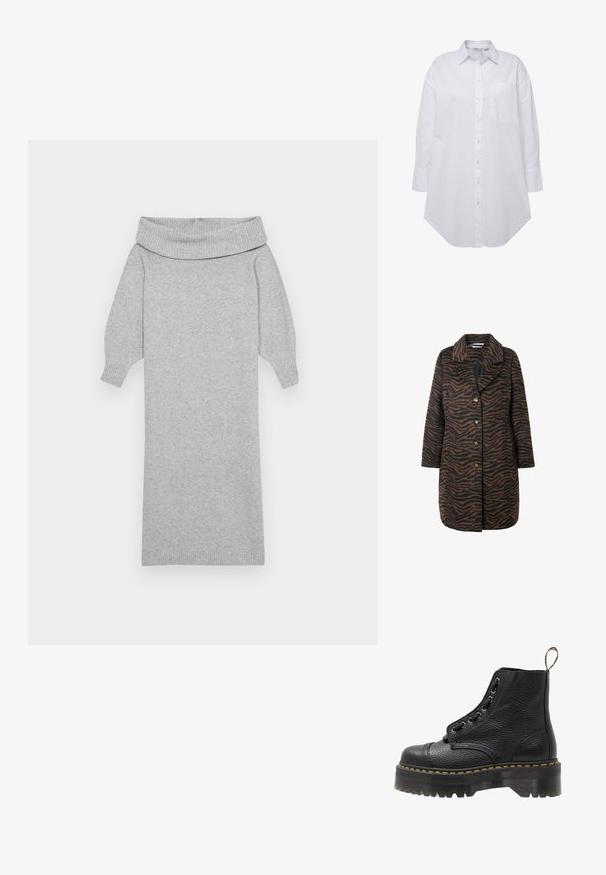 Brun og sort tigerstribet frakke med klippede krave, knaplukning foran og lange ærmer. Har fire knapper og sidelommer.; Grå strikket sweaterkjole med en bred off-shoulder krave, ribbede manchetter og en lige silhuet. Blød tekstur og mellemlang design.; Hvid skjorte med krave, enkelt lomme på venstre bryst, lange ærmer med knapmanchetter og buet kant. Fremstillet af bomuld.; Sorte læder ankelstøvler med tekstureret overflade, rund tå, snørebåndsdesign, gule stikninger og en tyk, rillet sort platformsål.