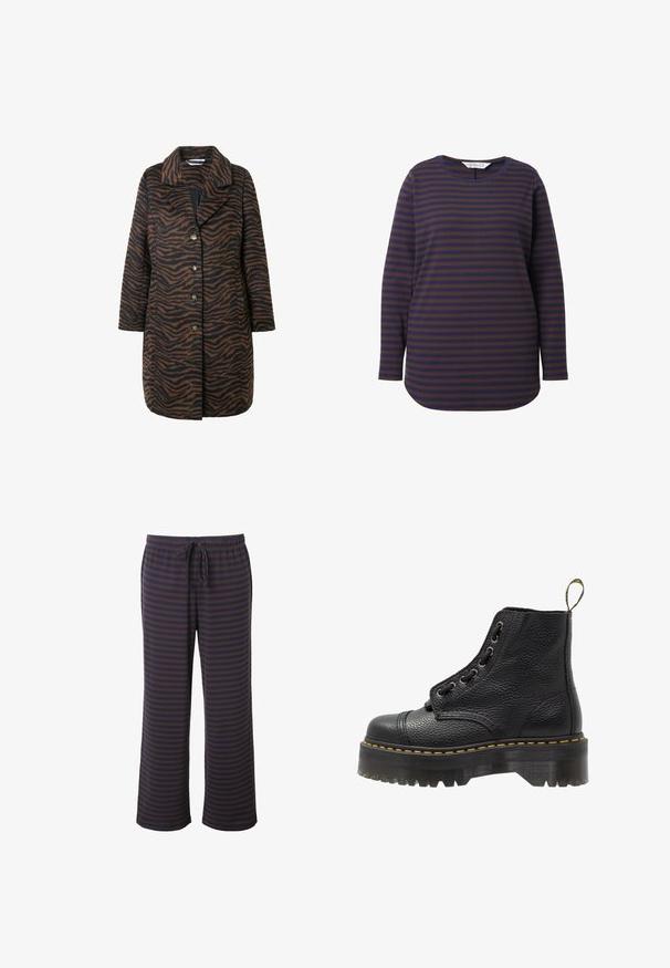 Ruskea ja musta tiikeriraidoitettu takki, jossa on viillotettu kaulus, nappikiinnitys ja pitkät hihat. Sisältää neljä nappia ja sivutaskut.; Pitkähihainen paita, jossa on tummansinisiä ja ruskeita vaakasuoria raitoja, pyöreä kaula-aukko ja rento istuvuus, jossa on kaareva helma. Pehmeä kangas.; Väripaidat pyjamahousut tummansinisinä ja ruskeina; joustava vyötärö, jossa säädettävä nyöri; leveälahkeinen malli; pehmeä kangas, jossa sileä rakenne.; Mustat nahkaisen nilkkurit, joissa on teksturoidun pinnan, pyöreä kärki, nauhakiinnitys, keltainen ommel ja paksu, uritettu musta alustapohja.