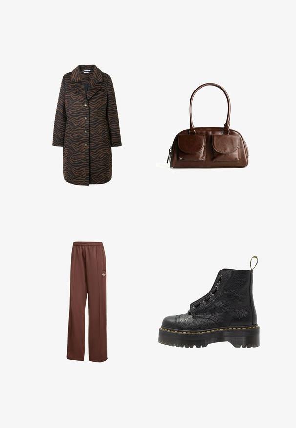 Brun og sort tigerstribet frakke med klippede krave, knaplukning foran og lange ærmer. Har fire knapper og sidelommer.; Kaffe YOKO BOATNECK - T-shirts basic - zinfandel; Brune sportsbukser med en afslappet pasform. Lavet af glat stof, med sidelommer, hvide striber og et lille hvidt logo på låret.; Sorte læder ankelstøvler med tekstureret overflade, rund tå, snørebåndsdesign, gule stikninger og en tyk, rillet sort platformsål.; Brun læderhåndtaske med to frontklaplommer, runde håndtag og en lynlås på siden mod en hvid baggrund.