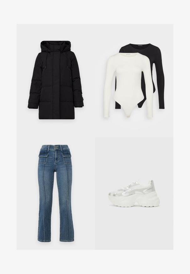 Vero Moda Petite VMLEONIELEA JACKET - Dunjakker - black; To lange ærmeløse bodystockings i hvid og sort. Fremstillet af glat stof, med runde halsudskæringer og en tanga-bund for en strømlinet pasform.; ONLY Petite ONLWAUW MID WAIST FLARED - Flared jeans - medium blue denim; Sølv sneakers med en struktureret mesh-overdel og iriserende detaljer, der har en kraftig hvid sål og snørebåndslukning.