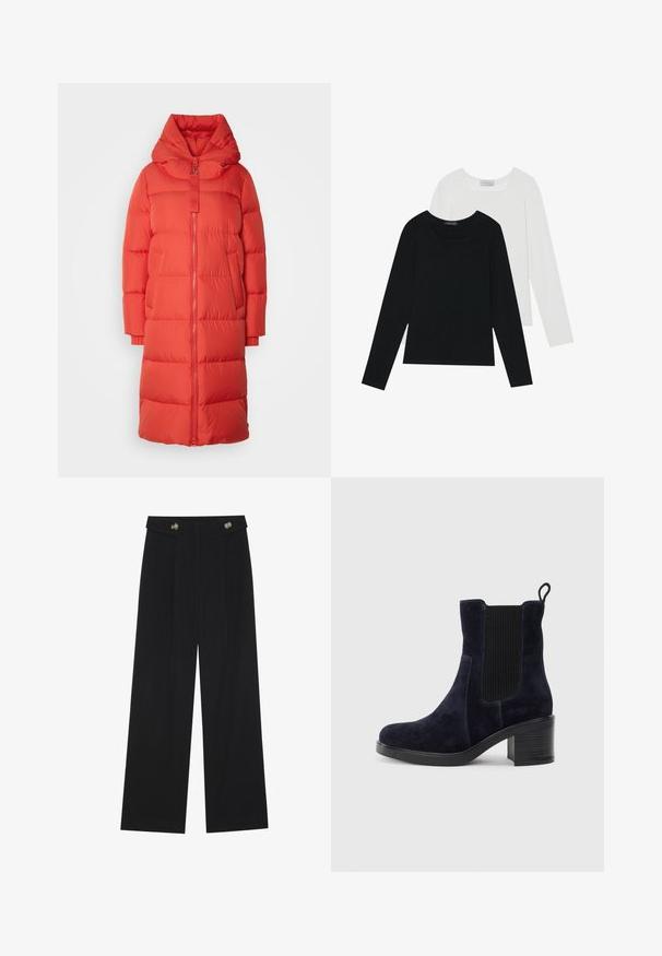 Marc O'Polo PUFFER COAT WITH HOOD SIDE SLITS WITH ZIPPER WELT POCKETS BACKPACK BELTS - Untuvatakki - poppy red; Kaksi pitkähihainen paitaa, yksi musta ja yksi valkoinen, molemmat neliönmallisella kaula-aukolla ja pehmeästä, joustavasta kankaasta valmistettu.; Mustat leveälahkeiset housut, joissa on korkea vyötärö, napit vyötärönauhassa ja etupuolella laskokset.; Tummansininen mokkanahkasaapas nilkkapituisena, jossa on joustava sivupaneeli, pyöreä kärki ja lohkaremmäinen korko. Teksturoidun kankaan ja sileän pohjan kontrasti tuo lisää ilmettä.