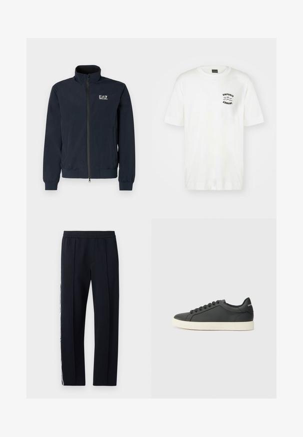 Navy blue lightweight jacket with a zip closure, high collar, and elastic cuffs. Features a white EA7 logo on the left chest.; White cotton t-shirt with a crew neck and short sleeves. Features a black embroidered logo on the left chest. Smooth texture.; Black, tapered trousers with an elastic waistband, featuring two side pockets and a white stripe running down the outer leg. Smooth texture.; Black leather sneaker with a low profile, rounded toe, and lace-up closure; features a textured rubber sole and logo detail on the heel.