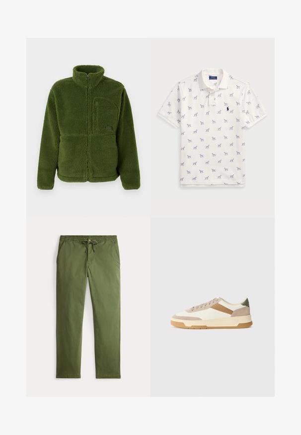 Grønn fleecejakke med full glidelås og høy krage, glidelåslomme på brystet, lange ermer og mykt teksturert stoff.; Hvit polo skjorte laget av bomull, med et gjentatt blått hundemønster og en liten blå logo på brystet. Kortermet og med krage.; Herre olivenfargede casual bukser med elastisk midje, snor, knappelukking og sidelommer, vist liggende flatt på hvit bakgrunn.; Sneakers i beige, krem og oliven grønn, med semsket skinn og lærmaterialer, rund tå, minimalistisk design og gummisåle.