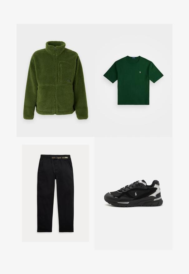 Roheline täieliku tõmblukuga fliiskindel jakk kõrge kraega, tõmblukuga rinnatasku, pikad varrukad ja pehme tekstuuriga kangas.; Polo Ralph Lauren RELAXED FIT LOGO JERSEY T-SHIRT - Trükipildiga T-särk - northwest pine; Kergedest kootud mustad püksid, millel on elastne vöökoht, integreeritud roheline vöö, sirge jalgade lõige ja küljetaskud.; Mustad mustad tossud, millel on silmadega ja sünteetilisest materjalist pealispind, ümar varvas, tekstuuriga detailid ja hõbedane logo kanna peal.