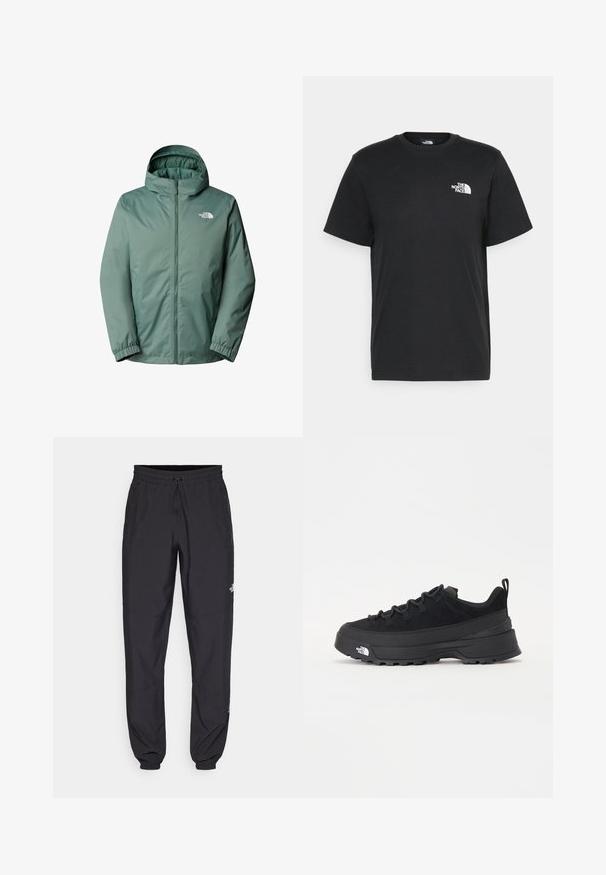 Giacca verde con cappuccio e zip frontale completa. Realizzata in tessuto leggero e resistente all'acqua. Presenta polsini elasticizzati e un logo sul petto.; T-shirt nera in cotone con maniche corte, colletto a giro, e un piccolo logo bianco sul lato sinistro del petto. Design semplice, texture liscia e vestibilità rilassata.; Pantaloni sportivi neri realizzati in tessuto leggero, con vita regolabile con cordino, tasche laterali e orli affusolati alle caviglie.; Sneaker da esterno nera con parte superiore in suede, suola in gomma testurizzata e robusto sistema di allacciatura. Presenta un tallone rinforzato e il logo del marchio sul lato.