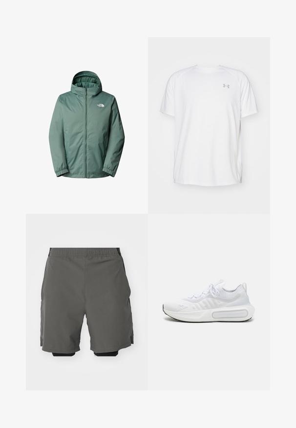 Grüne Kapuzenjacke mit durchgehendem Reißverschluss. Hergestellt aus leichtem, wasserabweisendem Material. Bietet elastische Bündchen und ein Logo auf der Brust.; Weißes kurzärmeliges Sportshirt aus glattem Material. Mit Rundhalsausschnitt und grauem Logo auf der linken Brust, sowie seitlichen Schlitzen am Saum.; Graue Sportshorts aus glattem, leichtem Stoff mit einem elastischen Bund, ausgestattet mit inneren Kompressionsshorts und Seitentaschen.; Weißer Sportschuh mit einem strukturierten Strick-Obermaterial, Schnürverschluss, gepolsterter Sohle und einem markanten Branding-Detail an der Seite.