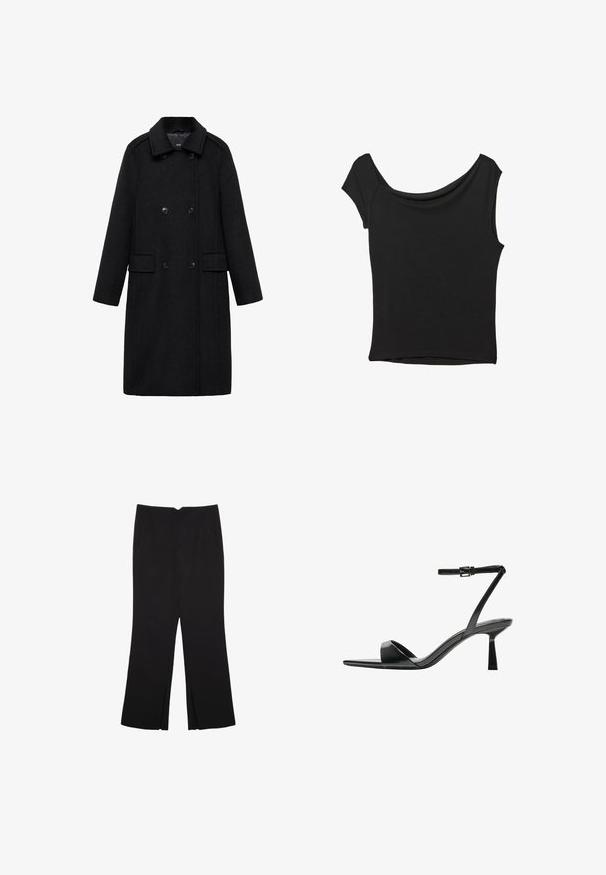 Mango SHADOW czarny; Czarna bluzka z krótkim rękawem, wykonana z gładkiego materiału; posiada dekolt w stylu drapowanym oraz asymetryczny dół, z dopasowanym krojem.; Czarne spodnie o prostym kroju, z przednimi kieszeniami i bocznymi rozcięciami na dole. Wykonane z miękkiego, gładkiego materiału. Odpowiednie na różne okazje.; Bershka - Sandały na obcasie