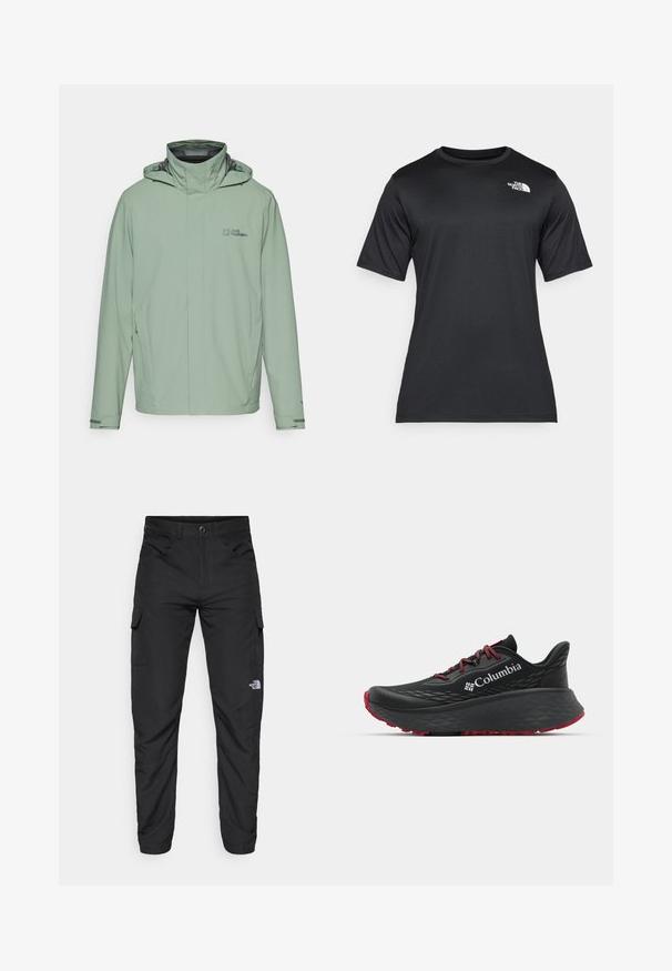 Light green waterproof jacket with a high collar, zippered front, adjustable hood, and side pockets. Made of smooth, durable material.; Black short-sleeve t-shirt made of lightweight, moisture-wicking fabric. Features a white logo on the left chest and a crew neckline.; The North Face HORIZON PANT - Outdoor trousers - black; Black athletic shoe with textured upper, red laces, and logo. Thick sole with patterned tread for traction. Minimalist design, side view.