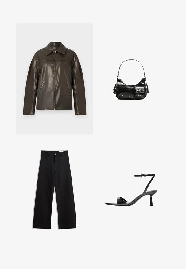 Brun läderjacka med dragkedja fram, spetsig krage och två sidofickor. Har en horisontell söm över bröstet och en slät yta.; Svart stickad tröja med axelbandslös halsringning, långa ärmar och ribbade muddar och nederkant. Tillverkad av mjukt, texturerat material.; Svarta vida denimbyxor med hög midja, med fram- och bakfickor, sydda sömmar och knappstängning. Slät textur.; Bershka Sandaletter - black; Svart lackläderhandväska med en rundad form, en axelrem, framfickor och detaljer i silverfärg.