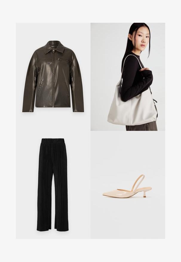 Hnedá kožená bunda so zipsom vpredu, špicatým golierom a dvoma bočnými vreckami. Obsahuje horizontálny šev cez hruď a hladkú textúru.; Krátke biele tričko vyrobené z bavlny s krátkymi rukávmi, okrúhlym výstrihom a rovnými okrajmi, s hladkou textúrou a minimálnym dizajnom.; Čierne plisované nohavice s elastickým pásom. Majú široké nohavice a hladkú, textúrovanú látku s vertikálnymi pruhmi.; Bežové lakované sandále na podpätku so špicatou špičkou a štíhlym, štvorcovým podpätkom. Hladká textúra a minimalistický dizajn bez ozdôb.; Béžová kabelka vyrobená z mäkkého materiálu, s uvoľneným dizajnom, prišitými detailmi a dvoma popruhmi na nosenie na pleciach. Vhodná na každodenné nosenie.