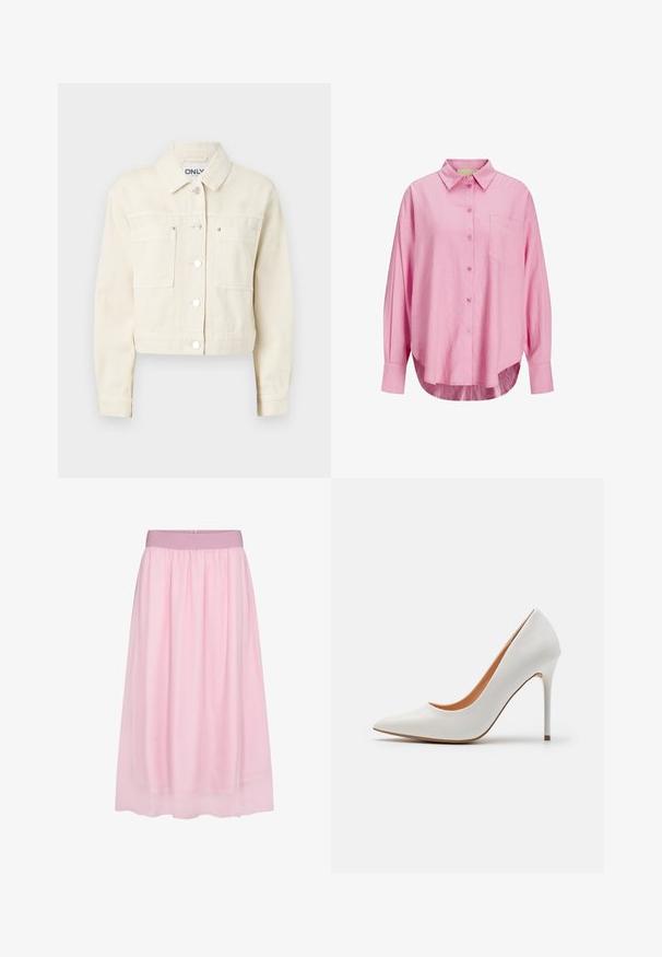 Veste en denim cropped beige clair avec col classique, fermetures à pression à l'avant, deux poches poitrine et manches longues. Texture lisse.; Chemise boutonnée rose clair avec un col, manches longues, une poche poitrine unique et un ourlet légèrement arrondi. Le tissu semble doux.; Jupe en tulle rose avec un design doux et transparent. Elle présente une taille élastique et une silhouette fluide, créant un effet superposé.; Pompe à talon aigu en cuir verni blanc avec un bout pointu et une fine talon stiletto, présentant une texture lisse et un intérieur beige.