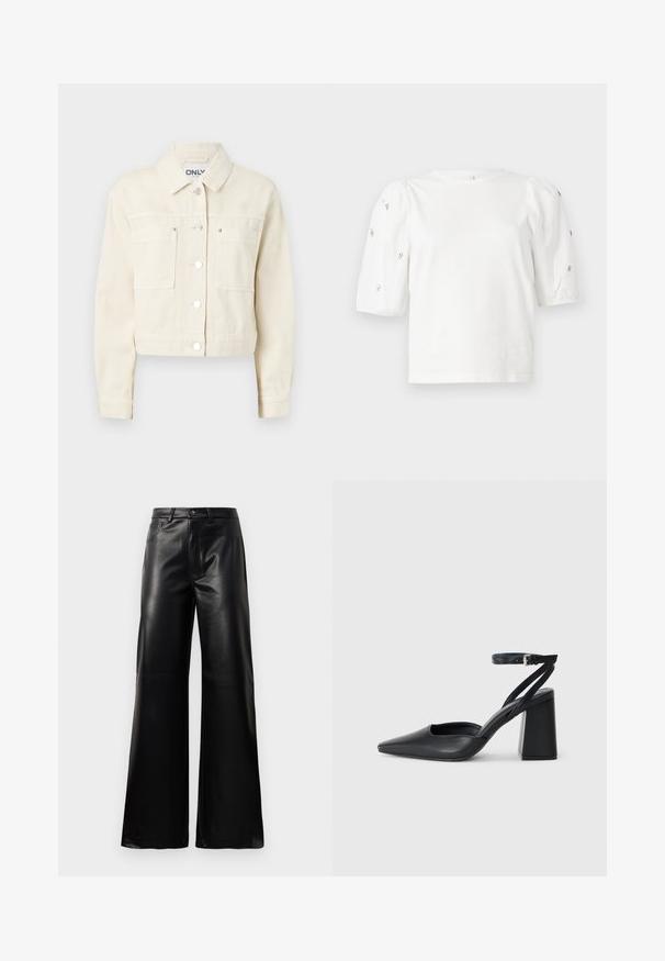 Light beige cropped denim jacket with classic collar, front snap closures, two chest pockets, and long sleeves. Smooth texture.; White cotton t-shirt with short puff sleeves, featuring small silver embellishments along the sleeves. Classic round neckline, relaxed fit.; Black high-waist wide-leg faux leather pants with front button, zip closure, belt loops, and side pockets on white background.; Black leather pointy-toe pump with an ankle strap and a chunky heel. Flat texture, sleek design, and minimalistic aesthetics.