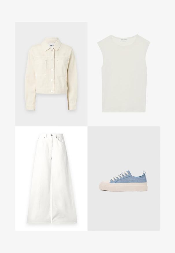 Lys beige cropped denimjakke med klassisk krage, frontknapper, to brystlommer og lange ermer. Glatt tekstur.; Hvit ermeløs topp med rund hals. Laget av glatt stoff, har den en avslappet passform og minimalistisk design. Ingen mønstre eller detaljer.; Hvite vide dongeri jeans laget av denim, med høy midje, frontlommer og en jevn tekstur med minimale sømdetaljer.; Lys blå canvastøfler med en kremfarget gummitupp og yttersåle, med hvite snørebånd og en løfteløkke på hælen.