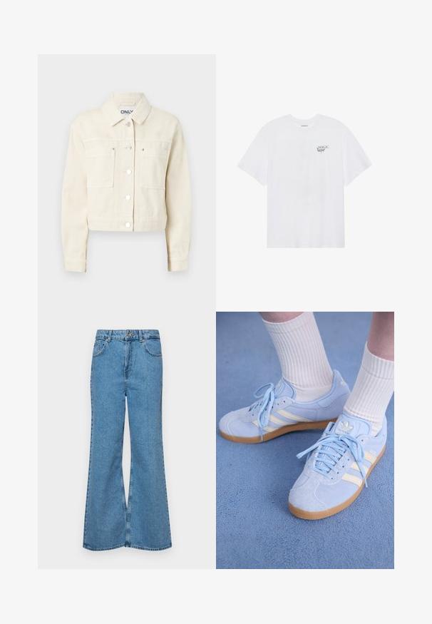 Gai beidzis denim jakas kraksts ar klasisko apkakli, priekšējo spiedpogu aizdari, divām krūšu kabatām un garām piedurknēm. Gluda tekstūra.; Even&Odd Apdrukāts T-krekls - white; Gaiši zili, platā piegriezuma džinsi, kas izgatavoti no denima, ar augstu jostasvietu, piecām kabatām un vienu pogu. Mīksta tekstūra ar nolietotu apdari.; Gaiši zila zamšādas sporta apavi ar baltām svītrām, plakaniem šņorēm un gumijas zoli. Virs potītes ir uzvilktas ribotas baltas zeķes.