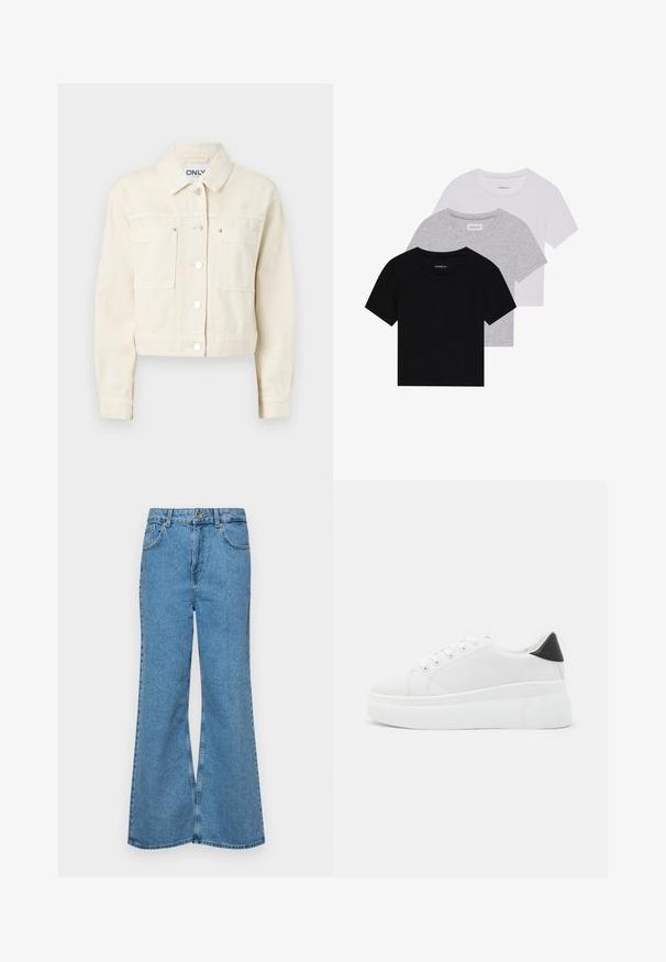 Jachetă din denim cropped într-o nuanță bej deschis, cu guler clasic, închidere cu capse în față, două buzunare pe piept și mâneci lungi. Textură netedă.; Set de trei tricouri cu mâneci scurte, în negru, gri și alb. Fabricate din bumbac, cu guler rotund și un design simplu, de culoare uniformă.; Jeanși evazați de culoare albastru deschis, din denim, cu talie înaltă, cinci buzunare și închidere cu un singur buton. Textură moale cu un finisaj decolorat.; Adidași albi cu platformă, fabricați din material sintetic neted, cu vârf rotund, design cu șireturi și talpă din cauciuc texturat. Accente negre la călcâi.