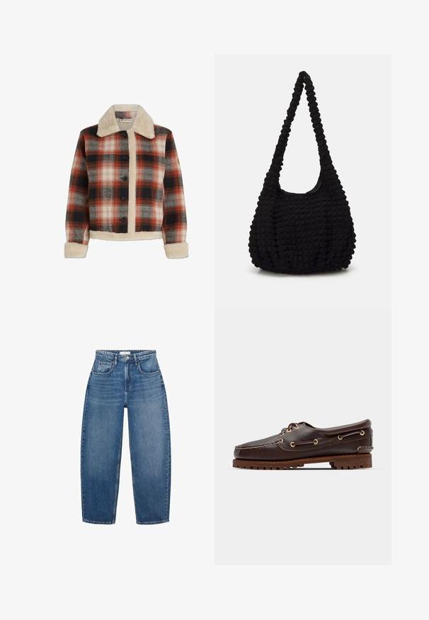 Jachetă în carouri, de culoare roșie, neagră și bej, având guler și căptușeală din blană sintetică, închidere cu nasturi și mâneci lungi cu manșete din blană sintetică.; Bluză albă cu mâneci lungi, cu guler clasic, închidere cu butoane pe față și detalii pliate pe lateral. Fabrică netedă cu o croială ajustată.; Blugi din denim albastru cu talie înaltă și croială dreaptă, având cinci buzunare, pasaje pentru curea și decolorări subtile pentru o textură suplimentară.; Șlapi de punt pe culoare maro din piele, cu ochiuri aurii, șireturi rotunde și o talpă texturată din cauciuc maro. Prezintă detalii cusute și un logo ridicat.; Geantă din material texturat negru, cu o singură curea răsucită, având o formă căptușită și un design cu suprafață strânsă.