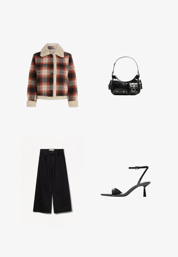 Karierte Jacke in Rot, Schwarz und Beige, mit Schafslederkragen und -futter, Knopfverschluss und langen Ärmeln mit Schafslederbündchen.; Schwarzes Oversized-T-Shirt mit kurzen Ärmeln, Rundhalsausschnitt und geradem Saum. Hergestellt aus weicher Baumwolle mit glatter Textur. Nur Rückansicht.; Bershka WIDE-LEG - Wide Leg - black; Bershka High Heel Sandalette - black; Schwarze Lackleder-Handtasche mit geschwungenem Design, einem Schulterriemen, Vordertaschen und silberfarbenen Hardware-Akzenten.