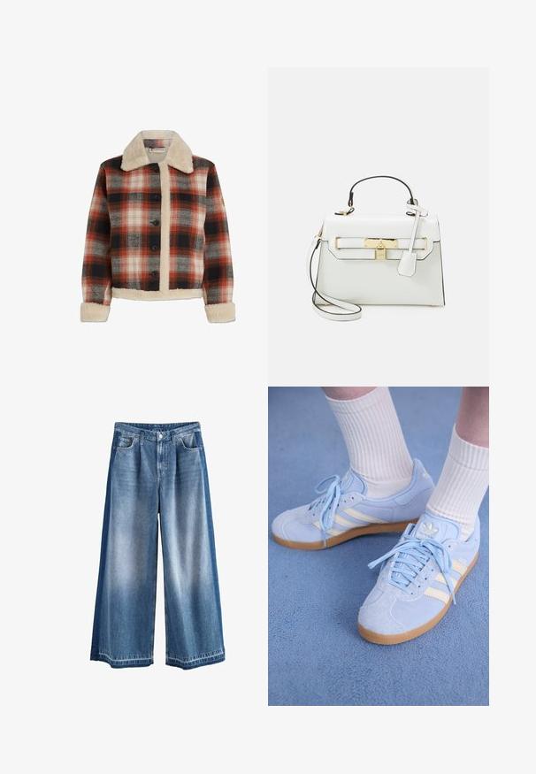 Ruudustik, mis on punases, mustas ja beežis, shearling-kraega ja -voodriga, nööpide sulgemine ning pikad varrukad shearling-kätistega.; Must särg, millel on ruudukujuline kaelus ja lühikesed varrukad. Kombineeritud kõrge vöökohaga pükste ja musta-kreemi värvi laigulise mustriga.; Kergelt sinine kuni keskmise sinise tooniga laiemad denimipüksid, millel on kulunud pesu, klassikalised taskud ja nööbiga sulgur. Vastupidav puuvillane materjal.; Heledad sinine seemisneakerid valgete triipudega, lamedate paeltega ja kaaliumkummist tallaga. Valged soonikkoes sokid on kantud üle pahkluude.; Valge käekott krokodillimustriga, kuldsete detailidega, ülemise käepideme ja eemaldatava õlavööga; lukuga sulgemine ja minimaalne disain.