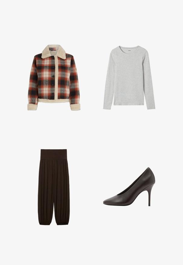 Giacca a quadri in rosso, nero e beige, con colletto e fodera in pelliccia, chiusura a bottoni e maniche lunghe con polsini in pelliccia.; Maglietta grigia a maniche lunghe realizzata in un leggero cotone misto, con scollo rotondo e una texture semplice senza motivi o accenti.; Pantaloni marroni a pieghe con una ampia cintura elastica. Il tessuto è leggero e texture, con orli arricciati ai polsini.; Pump nera in pelle con punta appuntita e tacco stiletto sottile, con finitura liscia, mostrata di lato.