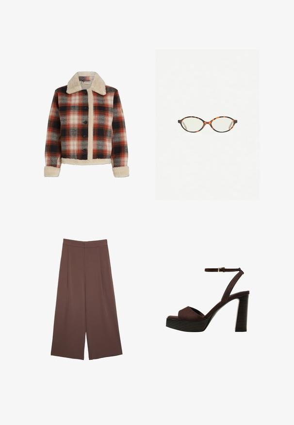 Kockovaná bunda v červenej, čiernej a béžovej farbe, so zatepleným golierom a podšívkou, zapínaním na gombíky a dlhými rukávmi so zateplenými manžetami.; Hnedé tričko s krátkym rukávom vyrobené z jemného materiálu, s okrúhlym výstrihom a voľným strihom. Žiadne viditeľné vzory ani akcenty.; Hnedé nohavice so širokými nohavicami a hladkou textúrou, s vysokým pásom a prednými skladmi. Tkanina je ľahká a voľne sa pohybuje.; Hnedé semišové sandále na vysokom podpätku s otvorenou špičkou, nastaviteľným členkovým remienkom a pruhovanou platformovou podrážkou.; Korytnačkové okuliare s oválnymi šošovkami a hladkým, lesklým povrchom. Majú tenké strany s jemným zakrivením na spánkoch. Priehľadné šošovky.