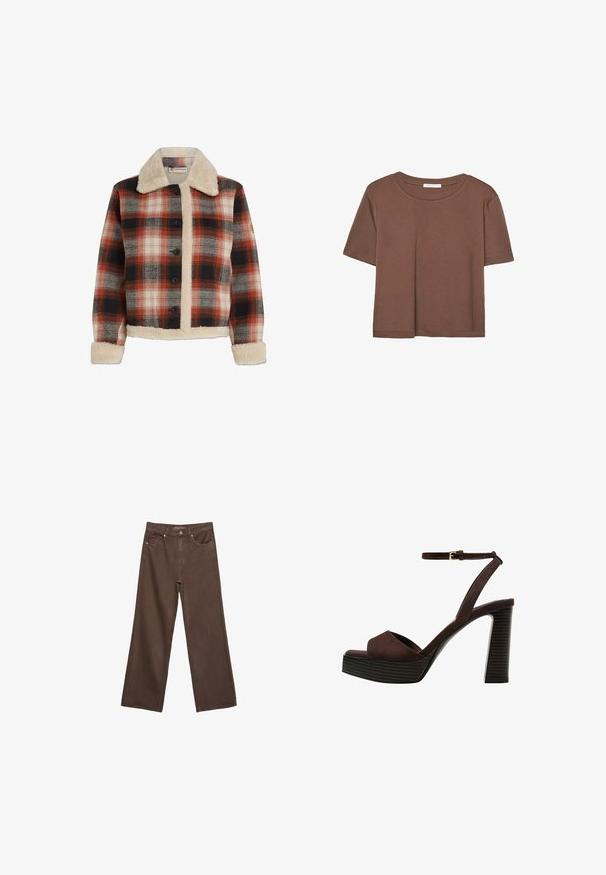 Kurtka w kratę w kolorze czerwonym, czarnym i beżowym, z kołnierzem i podpinką z owczej wełny, zapięciem na guziki oraz długimi rękawami z mankietami z owczej wełny.; Brązowa koszulka z krótkim rękawem, wykonana z miękkiego materiału, z okrągłym dekoltem i luźnym krojem. Brak widocznych wzorów lub akcentów.; Szerokie brązowe dżinsy wykonane z denimu, z wysokim stanem, przednimi kieszeniami i klasycznym zapięciem na guzik. Gładka faktura z subtelnym przeszyciem.; Brązowe zamszowe sandały na wysokim obcasie z odkrytymi palcami, regulowanym paskiem na kostce i paskowatą podeszwą.
