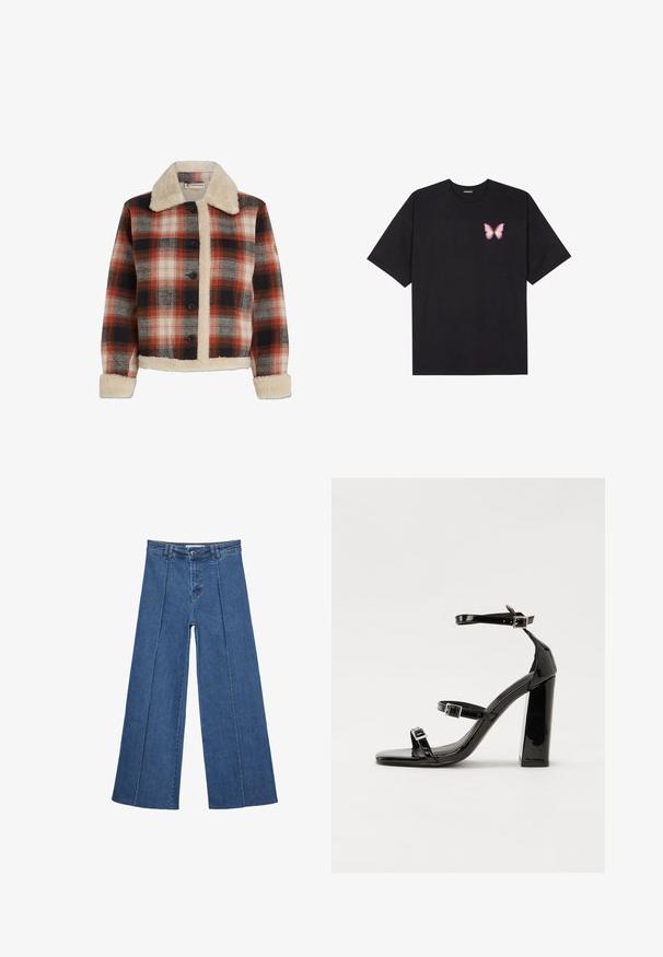 Plaid jacket in red, black, and beige, featuring a shearling collar and lining, button closure, and long sleeves with shearling cuffs.; Black cotton t-shirt with short sleeves, featuring a small pink butterfly graphic on the left chest. Crew neck design with a relaxed fit.; Wide-leg denim jeans in medium blue, featuring a high waist, button closure, and contrasting vertical seam details along the front.; Black patent heeled sandals with a square toe, ankle straps, and silver buckles. Features a chunky block heel for stability.