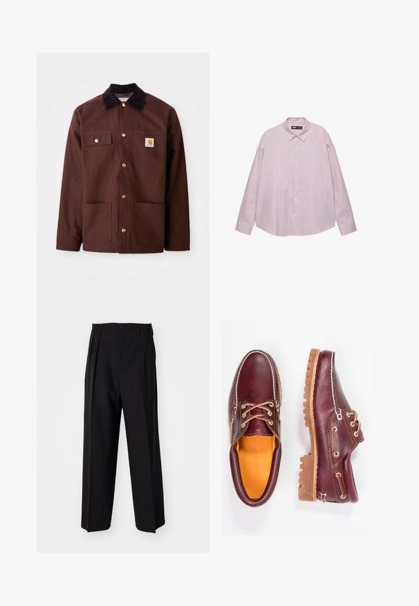 Bruine katoenen jas met een zwarte corduroy kraag, gouden knopen, twee borstzakken en een vierkante logo patch op de linkerzak.; Lichtroze button-up overhemd met verticale blauwe strepen, kraag, lange mouwen en een losse pasvorm. Gemaakt van een soepele stof met een lichte glans.; Zwarte geplooide broeken met een rechte, brede pijpontwerp. Gemaakt van soepele stof, met een knoopsluiting en riemlussen.; Bordeaux leren schoenen met bruine rubberen zolen, ronde neus, witte stiksels en gouden veterogen. Het interieur heeft een gele voering.