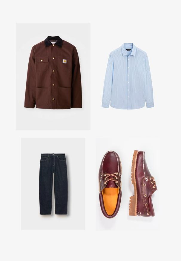 Bruine katoenen jas met een zwarte corduroy kraag, gouden knopen, twee borstzakken en een vierkante logo patch op de linkerzak.; Lichtblauw button-up shirt met verticale witte strepen, lange mouwen, kraag en een rechte zoom. Gemaakt van een katoenmix.; Donkerblauwe denim jeans met een losse pasvorm, vijf zakken en contrasterende stiksel. Voorzien van een knoop- en ritssluiting. Gladde textuur.; Bordeaux leren schoenen met bruine rubberen zolen, ronde neus, witte stiksels en gouden veterogen. Het interieur heeft een gele voering.