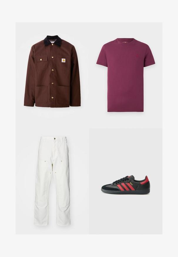 Brown cotton jacket with a black corduroy collar, gold buttons, two chest pockets, and a square logo patch on the left pocket.; Burgundy short-sleeve t-shirt made of cotton, featuring a crew neck and a small embroidered logo on the left chest. Smooth texture.; White cotton cargo pants with a relaxed fit. Features include front pockets, gold hardware accents, and reinforced knee sections.; Black sneakers with red stripes, suede and leather materials, rounded toe, flat laces, textured rubber sole, and gold accent detailing.