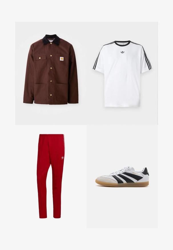 Veste en coton marron avec un col en velours côtelé noir, des boutons dorés, deux poches poitrine et un écusson carré sur la poche gauche.; T-shirt blanc en coton, doté d'un col rond noir et de trois rayures noires sur chaque épaule. Petit logo noir sur la poitrine.; Pantalon de sport rouge avec une taille élastique, poches zippées sur les côtés et trois bandes blanches sur les côtés. Présente un petit logo sur la cuisse.; Baskets en cuir blanc avec des rayures et des accents noirs, capuchon en suède gris, et semelle en gomme ; comprend un design à lacets et un logo "Predator".
