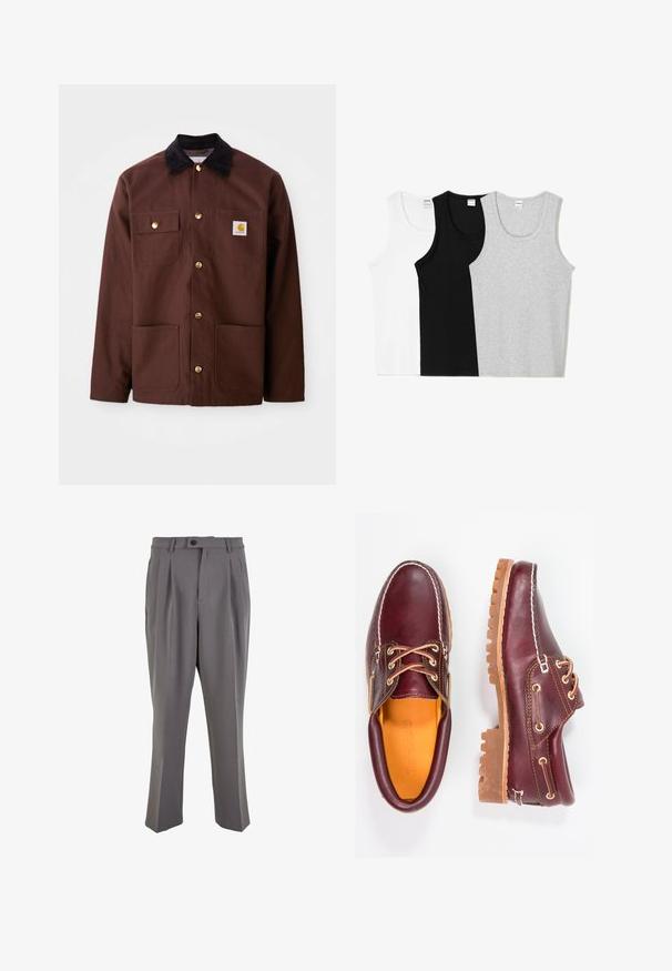 Brown cotton jacket with a black corduroy collar, gold buttons, two chest pockets, and a square logo patch on the left pocket.; Three tank tops in white, black, and grey. Each features a rounded neckline and sleeveless design, made from a soft cotton blend.; Gray pleated trousers made of smooth fabric, featuring a straight cut, a single button closure, and belt loops. Minimalist design.; Burgundy leather shoes with brown rubber soles, round toe, white stitching, and gold eyelets. Interior features a yellow lining.