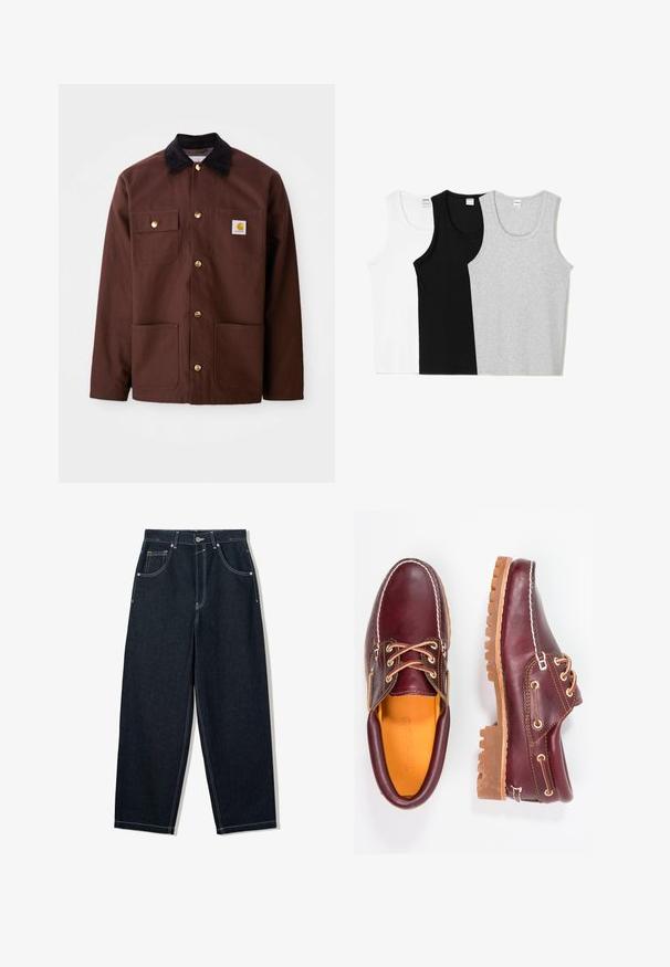Brun bomuldsjakke med en sort fløjlskrave, gyldne knapper, to brystlommer og et firkantet logo-patch på venstre lomme.; Tre tanktoppe i hvid, sort og grå. Hver med rund halsudskæring og ærmeløs design, lavet af en blød bomuldsblanding.; Løsvidde, mørke denim jeans med kontrastfarvet hvid syning, fem lommer og knappelukning. Har et højt talje-design.; Bordeaux lædersko med brune gummisåler, rund tå, hvid syning og gyldne snøringer. Indersiden har et gult for.