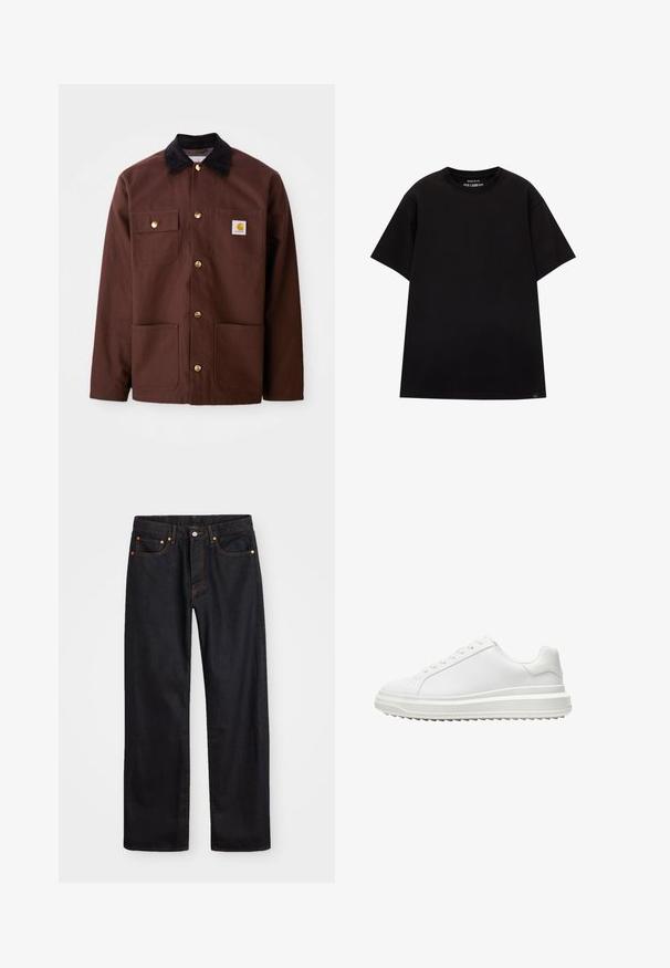 Smeđa pamučna jakna s crnim kordon ovratnikom, zlatnim dugmadi, dvije džepove na prsima i kvadratnom logotip zakrpi na lijevom džepu.; PULL&BEAR JOIN LIFE - Osnovna majica kratkih rukava - black; Muške traperice ravnog kroja, crne boje, s pet džepova i narančastim šavovima, sa zatvaranjem na dugme i patentni zatvarač na prednjem dijelu struka.; Bijela tenisica s glatkim sintetičkim gornjim dijelom, okruglim vrhom, ravnim vezicama, teksturiranim potplatom i složenim, platformastim dizajnom za dodatnu visinu.