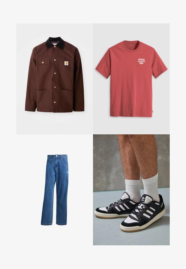 Brūna kokvilnas jaka ar melnu kordūru apkakli, zelta pogām, divām krūšu kabatām un kvadrātveida logotipa uzlīmi uz kreisās kabatas.; Sarkana kokvilnas T-kreklu ar īsām piedurknēm un apaļu kakla izgriezumu, ar baltu tekstu "HOUSE PLANT'S" virs Levi's logo kreisajā krūtī.; Zilas augsta vidukļa platas kāju džinsu bikses ar priekšējiem kabatām, jostas cilpām, pogu aizdari un mazu Adidas logo labajā augšstilbā.; Melnas un baltas kedas ar zamša un ādas augšdaļu, kas aprīkotas ar trim baltām svītrām, perforētu purngali un gumijas zolēm.