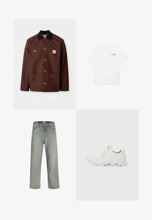 Brun bomuldsjakke med en sort fløjlskrave, gyldne knapper, to brystlommer og et firkantet logo-patch på venstre lomme.; Hvid bomulds t-shirt med korte ærmer, rund halsudskæring, og et lille grafisk motiv med teksten “LA VILLE LUMIÈRE” i sort og rød på den øverste del af ryggen.; Lysegrå, løstsiddende jeans lavet af denim. Har et klassisk fem-lomme design, bæltestropper og en lige ben silhuet.; Hvide atletiske sko med en tekstureret strikket overdel, flade snørebånd og en polstret sål med synlige luftkamre for ekstra støtte.